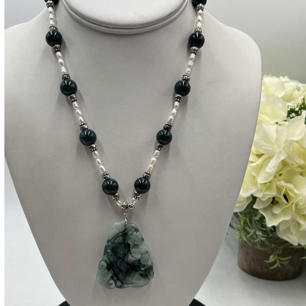 Burmese Jade Carved Water Dragon Pendant Nephrite Bead Pearl 925 Necklace